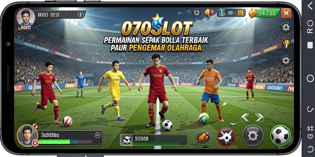 Screenshot permainan <strong>070SLOT</strong> menampilkan aksi sepenuhnya di lapangan sepak bola.