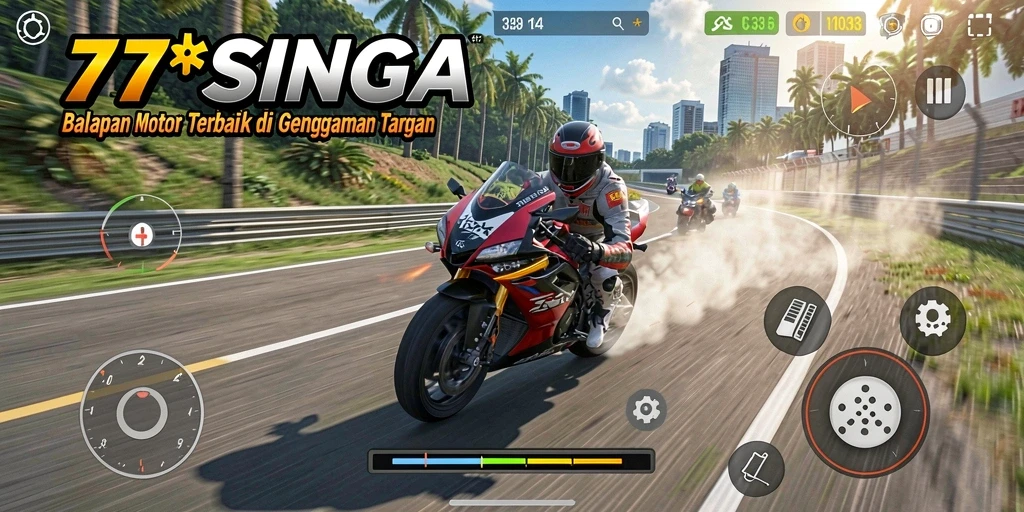 Tampilan gameplay seru di 77SINGA dengan balapan motor yang mendebarkan.