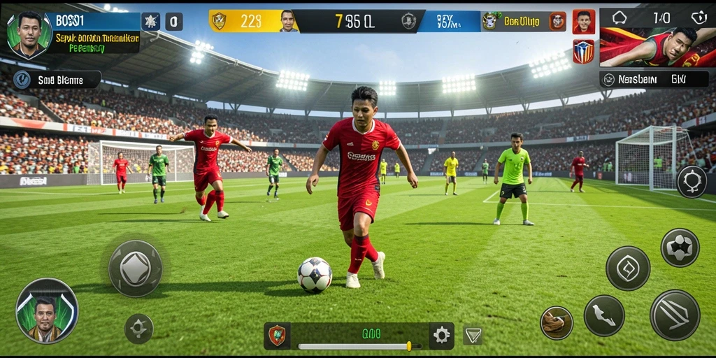Screenshot utama BOS01 menampilkan aksi seru dalam permainan sepak bola.