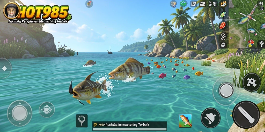Screenshot gameplay HOT985 menampilkan aksi seru saat memancing.