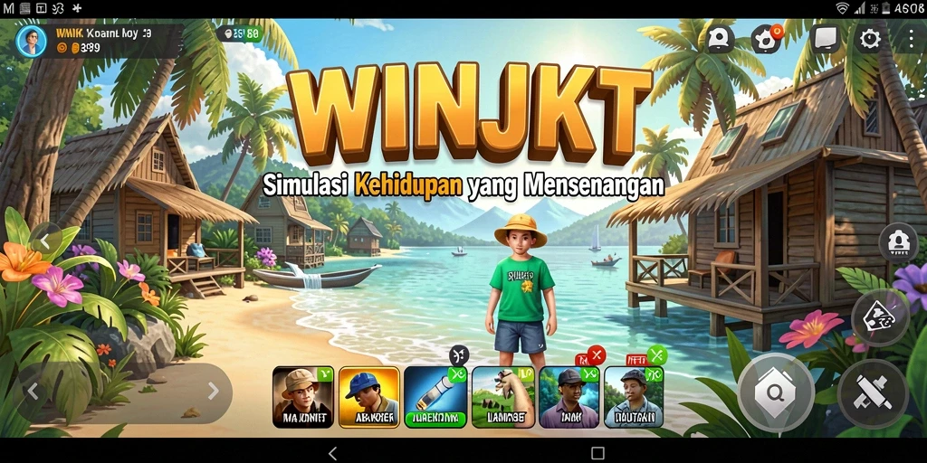 Tampilan gameplay WINJKT menunjukkan kehidupan virtual yang penuh warna dan interaksi.