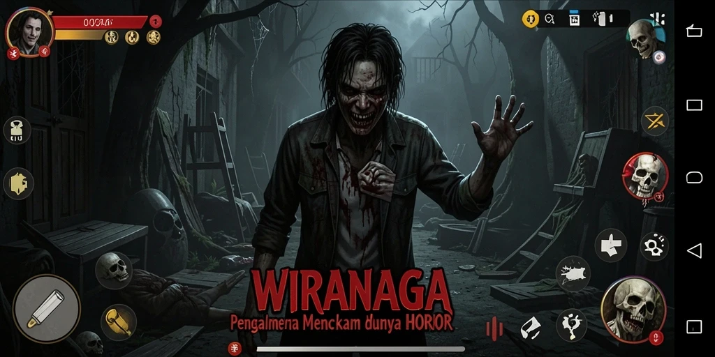 Screenshot gameplay mencekam dari WIRANAGA menunjukkan sudut pandang menyeramkan.