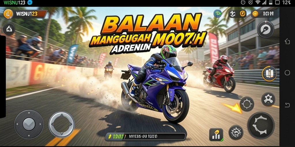 Tampilan gameplay seru dalam WISNU123 saat balapan motor.