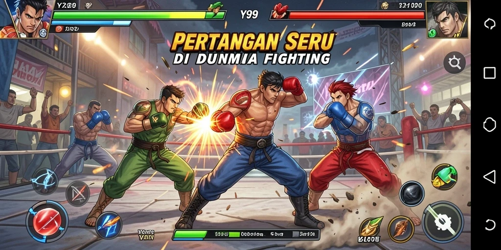Screenshot utama Y89 menampilkan aksi pertarungan seru antar karakter.